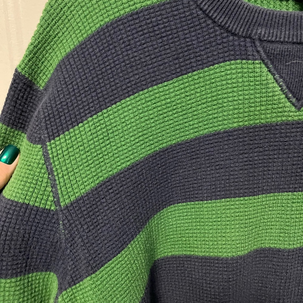 Vintage American Eagle Outfitters Green and navy Striped Crewneck waffle knit - Picture 2 of 4